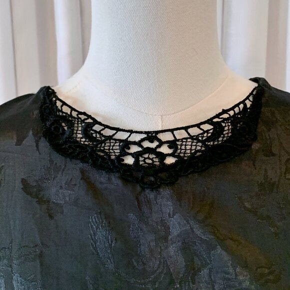 Vintage 80s Black Satin Floral Brocade Blouse Lace Neckline Puff Long Sleeve XL - Picture 2 of 11